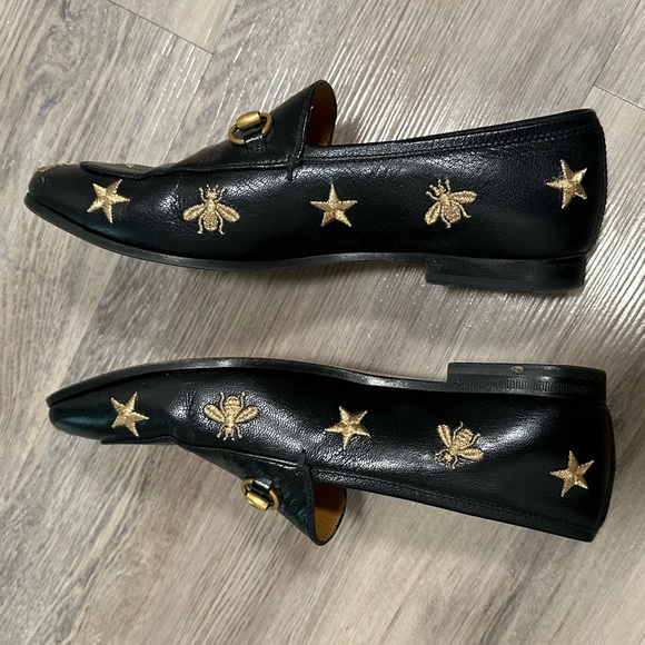 Gucci Black Leather Jordaan Embroidered Bee Horsebit Slip On Loafers Size 37 - Picture 9 of 14
